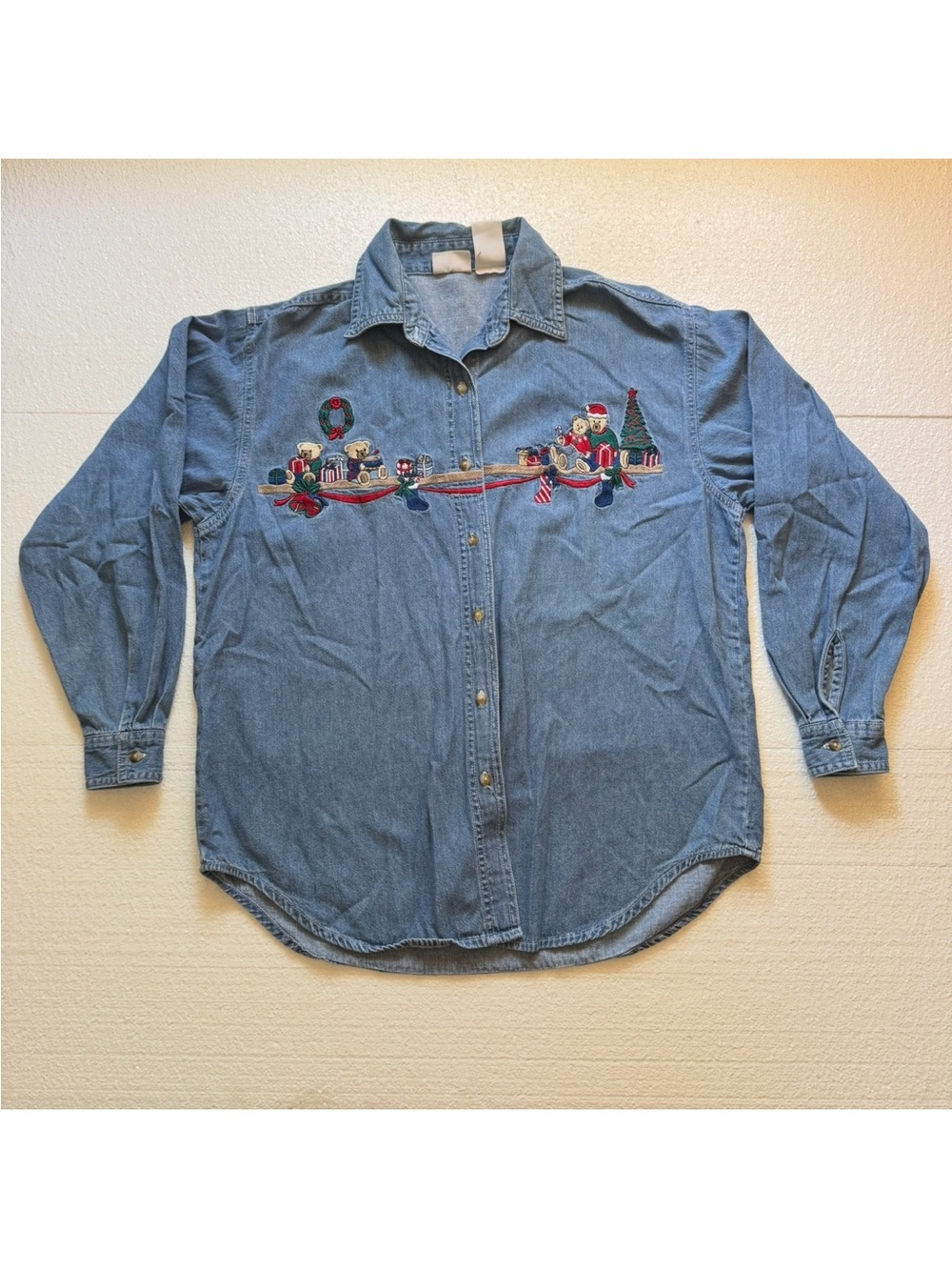 Vintage Bobbie Brooks Embroidered Christmas Denim Shirt Women's Large